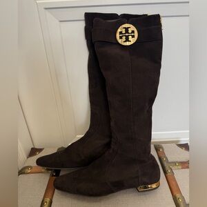 TORY BURCH UMA RIDING BOOTS BROWN SUEDE GOLD MEDALLION SIZE 7